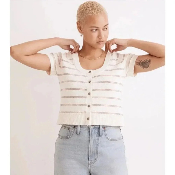 Madewell L 100% Cotton Linden Scoop Neck Cropped‎ Striped Sweater Tee Large - Picture 1 of 8